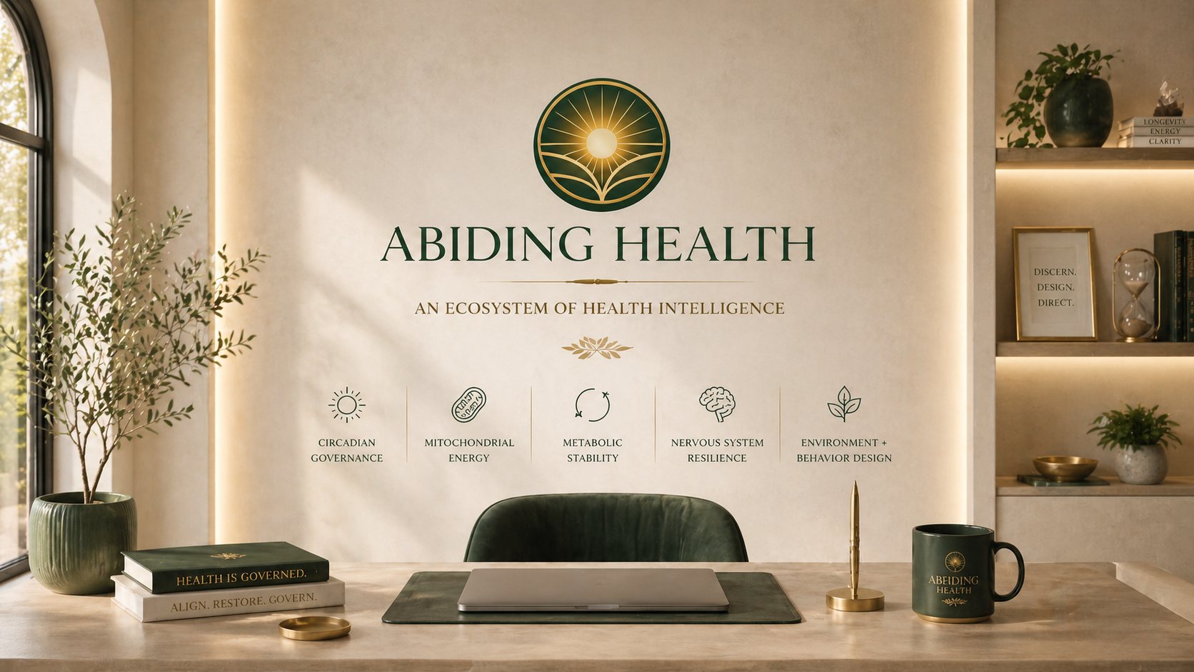 Abiding Health office illustration with a botanical setting and the ecosystem method displayed above a desk