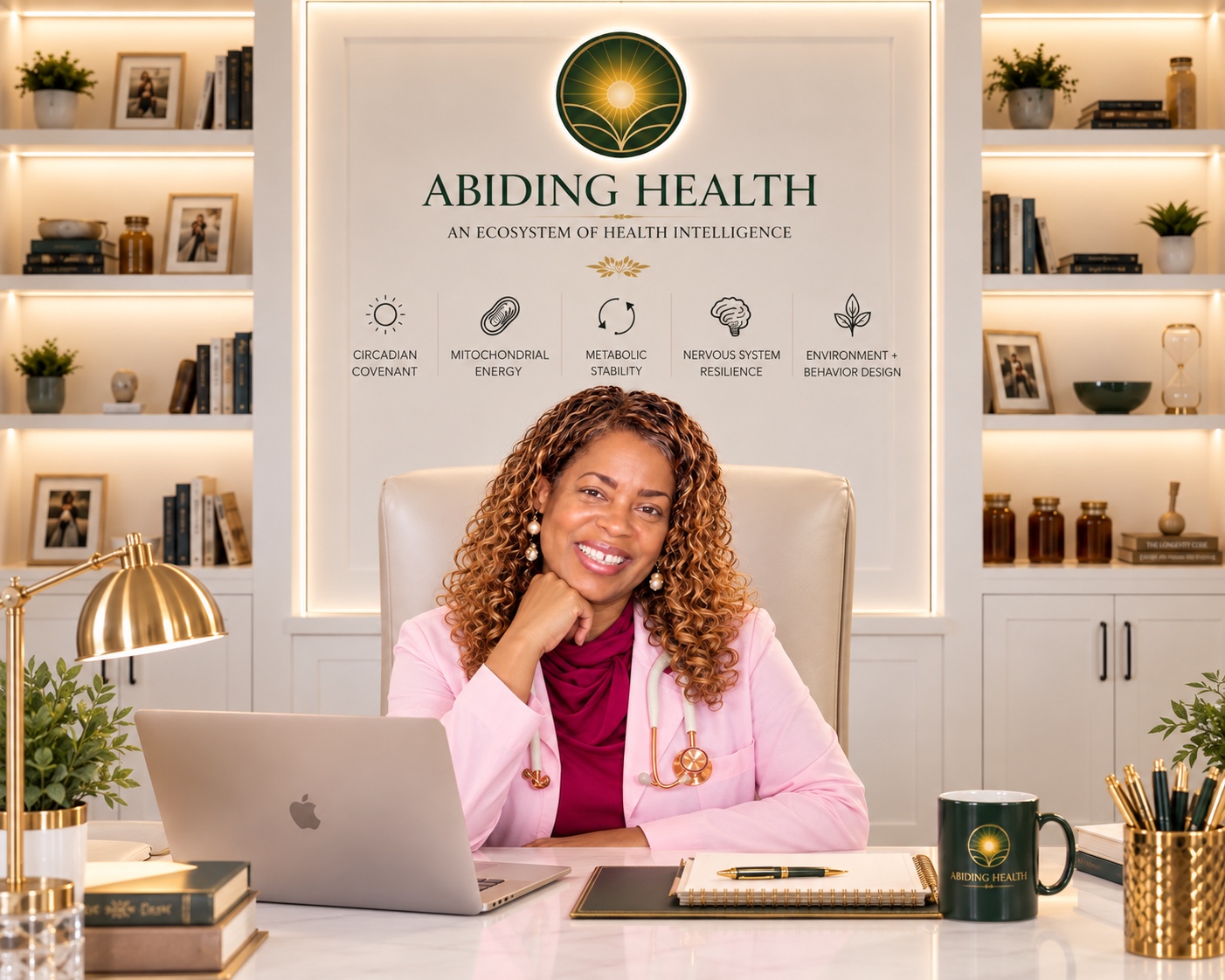 Dr. Patience Rose seated at her desk in an Abiding Health branded setting